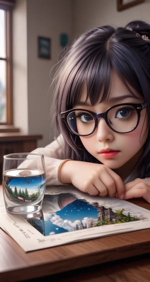 The highly detailed fantasy artwork features a pair of glasses placed on a desk, a girl's reflection in the glass of the glasses, and complexly layered images, creating a fantastic visual. The composition is pixel-perfect and extremely realistic and vivid.