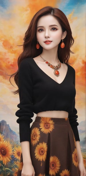 Image, (full body), highest quality, masterpiece, ultra-high definition, (cute face), (perfect brown eyes), surreal illustration, natural proportions, Ultra HD, realistic and vivid colors, highly detailed UHD drawing, perfectly composed, 8k , texture, breathtaking beauty, pure perfection, unforgettable emotion, medium burst, thread necklace, skirt, portrait of a woman, ecru technical wool fleece knit,Wonder of Beauty