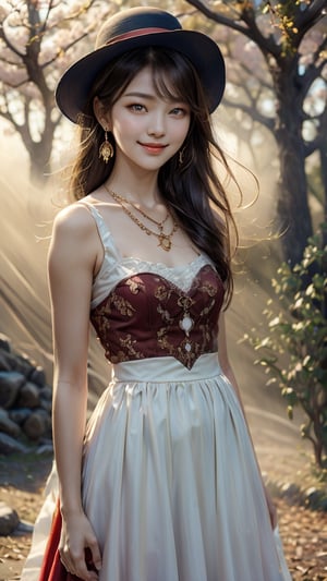 Beautiful and delicate light, (beautiful and delicate eyes), very detailed, pale skin, big smile, (brown eyes), (black long hair), dreamy, medium chest, woman 1, (front shot), Korean girl, bangs, Soft expression, height 170, elegance, bright smile, 8k art photo, realistic concept art, realistic, portrait, small necklace, small earrings, fantasy, jewelry, shyness, spring day with cherry blossoms in full bloom, red dress fluttering like fog, Red floppy hat, dream-like soft image,