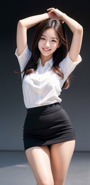 Image, highest quality, masterpiece, ultra-high resolution, surreal illustrations, natural proportions, Ultra HD, realistic and vivid colors, detailed UHD drawing, perfect composition, 8k, texture, breathtaking beauty, bright smile, pure perfection, unforgettable moved. ,Woman 1, pose, Korean, black slim fit stretch shirt, skirt, raise both hands above head to make a heart shape,