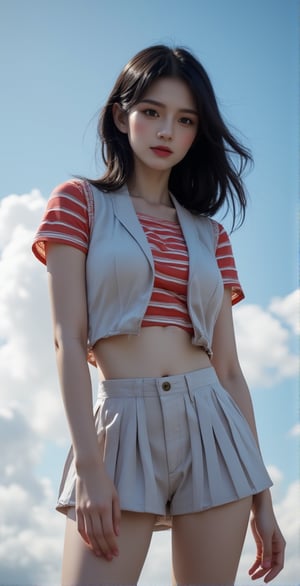 A beautiful and vivid portrait of a woman. She is wearing a striped T-shirt and a short vest on top and a pleated skirt on the bottom. Her lips are sexy with red lipstick. Her hair is black, and the background is the sky with clouds floating in the air. The entire work has a beautiful three-dimensional feeling.