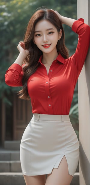 Image, highest quality, masterpiece, ultra-high resolution, surreal illustrations, natural proportions, Ultra HD, realistic and vivid colors, detailed UHD drawing, perfect composition, 8k, texture, breathtaking beauty, bright smile, pure perfection, unforgettable moved. ,Woman 1,sexy pose,Korean,red slim fit stretch shirt,skirt,