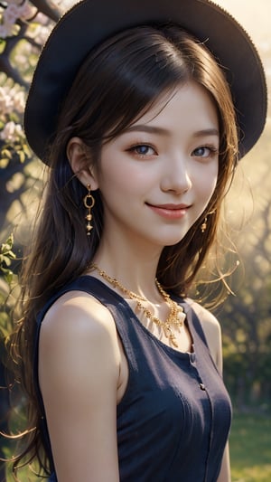 Beautiful and delicate light, (beautiful and delicate eyes), very detailed, pale skin, big smile, (brown eyes), (black long hair), dreamy, medium chest, woman 1, (front shot), Korean girl, bangs, Soft expression, height 170, elegance, bright smile, 8k art photo, realistic concept art, realistic, portrait, necklace, small earrings, fantasy, jewelry, shyness, spring day with cherry blossoms in full bloom, red dress fluttering like fog, red Floppy hat, dream-like soft image,
