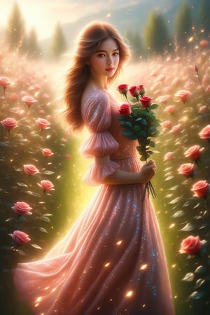 Oil painting, (girl holding a single rose), very delicate and soft lighting, details, Ultra HD, 8k, animated film, soft floral dress, walking through a meadow full of wide green grass,Beautiful girl ,glitter