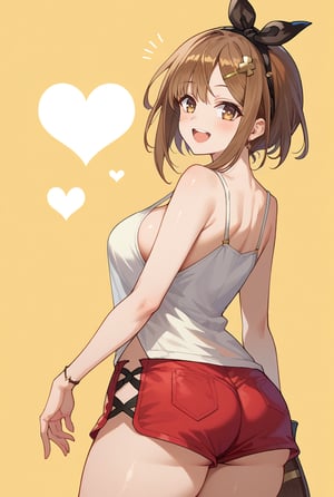 score_9, score_8_up, score_7_up, 1girl, solo, reisalin stout, atelier \(series\), atelier ryza, brown eyes, brown hair, short hair, hair ornament, hairclip, thick thighs, large breasts, collarbone, tank top, white tank top, sleeveless, bare shoulders, bare arms, shorts, short shorts, dolphin shorts, bare legs, sideboob, cowboy shot, twisted torso, looking back, looking at viewer, blush, smile, :d, open mouth, simple background, yellow background, heart background
