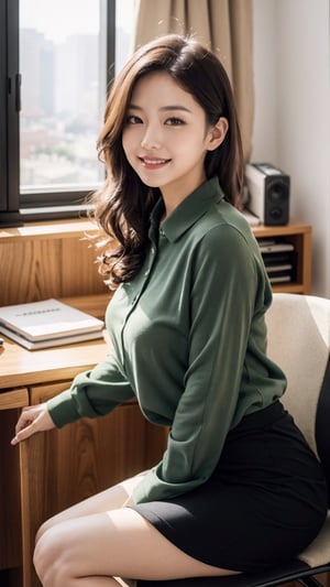 1 girl , 23 years old, announcer,  (Best quality,  8k,  32k,  Masterpiece),  (medium black curly wavy pontytail hair), double eyelid,  natural medium breasts,  perfect hands,  long-legged,  attractive body,  tall stature,  brown skin,  cute sexy korean-idol face, smoky face, enchanting smile,  relaxing,  low angles,  depth of field,  film grain,  ray tracing,  detailed eyes,  detailed facial,  detailed fabric rendering, afternoon, wide and large broadcasting station office, some peoples work together scenery, sunshine through window,  she sits on luxury office-chair in front of desk work with notebook computer, active expression, enchanting smile, relaxing, dynamic poses, dynamic angles, sexy face, look at viewer, natural Leg, natural hands, ( clothes: green short blouse , black short skirt, high heels), office interior is good, legs open