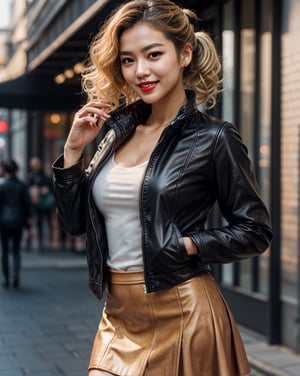Professional photoshoot of stunningly beautiful women,  stewardess job, curvaceous, thick body, (leather_clothes, jacket, skirt), 20 years old, high res, high quality, skinny, photorealistic, realistic, ((masterpiece)), red lips, midnight on the streets of London, 
  (Best quality,  8k,  32k,  Masterpiece),  (blonde color medium length curly wavy ponytail hair),  double eyelid,  natural medium breasts,  perfect hands,  tall stature,  brown skin,  cute sexy korean-idol face,  dark theme,  enchanting smile,  relaxing,  dynamic poses,  dynamic angles, depth of field,  film grain,  ray tracing,  detailed eyes, detailed facial,  detailed fabric rendering, (Accessories: ring golden), smoky face
