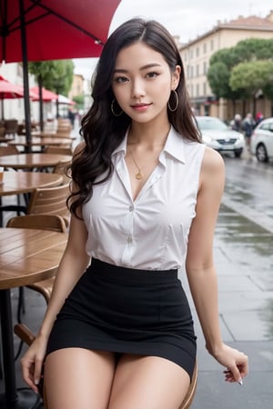 1girl,  stewardess job,  (Best quality,  8k,  32k,  Masterpiece),  (black long curly wavy hair),  double eyelid,  natural medium breasts,  perfect hands,  wide hips,  long-legged,  thick body,  tall stature,  pale skin,  cute sexy korean-idol face,  afternoon in rain, bright theme,  in front of colosseum in rome Italy view, in rain weather, enchanting smile,  relaxing,  dynamic poses,  dynamic angles,  look at viewer,  depth of field,  film grain,  ray tracing,  detailed eyes,  detailed facial,  detailed fabric rendering,  34 year old,  Accessories: ring golden, chain earrings,  silver necklace, Clothes: black shirts sleeveless unbutton, black mini skirt, sit on chair cross her's legs behind round table in cafe terrace