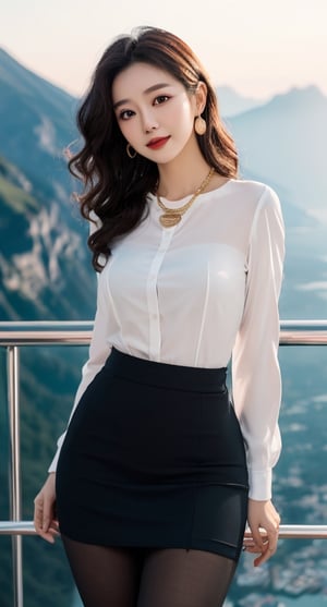 1girl,  stewardess job,  (Best quality,  8k,  32k,  Masterpiece),  (black color long curly wavy hair),  double eyelid,  natural medium breasts,  perfect hands,  wide hips,  long-legged,  thick body,  tall stature,  pale skin,  cute sexy korean-idol face,  afternoon,  bright theme, swiss matterhorn scenery, sunset, outdoors,  enchanting smile,  relaxing,  dynamic poses,  dynamic angles,  look at viewer,  depth of field,  film grain,  ray tracing,  detailed eyes,  detailed facial,  detailed fabric rendering,  34 year old,  Accessories: ring golden,  cubic earrings,  gold necklace,  (Clothes: white shirts , black mini skirt, pantyhose ),  smoky face, cowboy shot, cinematic composition