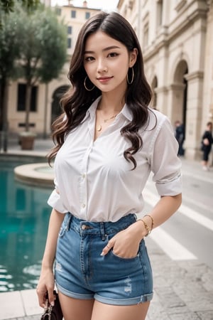 1girl,  stewardess job,  (Best quality,  8k,  32k,  Masterpiece),  (black long curly wavy hair),  double eyelid,  natural medium breasts,  perfect hands,  wide hips,  long-legged,  thick body,  tall stature,  pale skin,  cute sexy korean-idol face,  afternoon,  bright theme,  in front of fontana di trevi in rome Italy view, grab umbrella in rain, rainning weather, enchanting smile,  relaxing,  dynamic poses,  dynamic angles,  look at viewer,  depth of field,  film grain,  ray tracing,  detailed eyes,  detailed facial,  detailed fabric rendering,  34 year old,  Accessories: ring golden,  single chain earrings,  silver necklace, Clothes: white shirts, tight short pants jeans