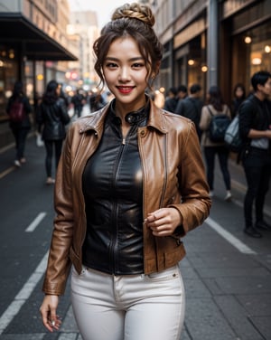 Professional photoshoot of stunningly beautiful women,  stewardess job, curvaceous, voluptuous body, (leather_clothes, jacket, tight pants), 20 years old, high res, high quality, skinny, photorealistic, realistic, ((masterpiece)), red lips, afternoon on the streets of Sydney,
  (Best quality,  8k,  32k,  Masterpiece),  (blonde color medium length curly wavy bun hair),  double eyelid,  natural medium breasts,  perfect hands,  tall stature,  brown skin,  cute sexy korean-idol face,   brght theme,  enchanting smile,  relaxing,  dynamic poses,  dynamic angles, depth of field,  film grain,  ray tracing,  detailed eyes, detailed facial,  detailed fabric rendering, (Accessories: ring golden), smoky face