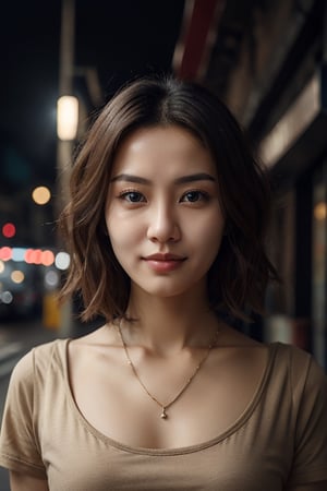 Korean woman with short hair and thick lips around 30 years old, dark night street background, natural lighting on woman's face, Necklace, Realism, hf_Alexandra_Nagy-20