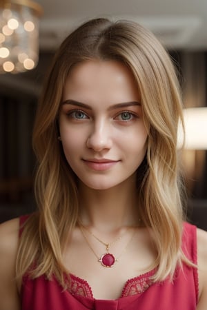 A 18-year-old American woman,  
perm blonde hair,
Little ruby necklace,
an attractive mole on one's face,
a cute lace dress,
realistic photo effect,
 half-body shot,
Front lighting of the face,
Hotel Lounge Background,
Detailedface,hf_Alexandra_Nagy-20,Detailedface,Detailedeyes