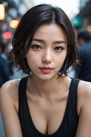 Korean woman with short hair and thick lips around 30 years old, dark night street background, natural lighting on woman's face