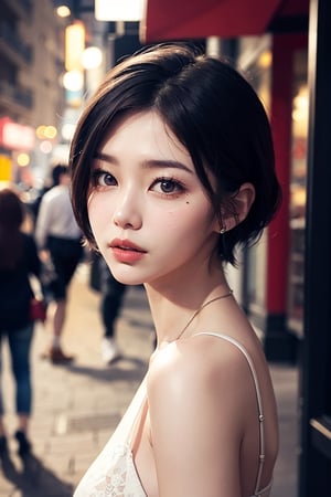 Korean woman with short hair and thick lips around 30 years old, dark night street background, natural lighting on woman's face,  Add a mole to your face, ,m4d4m,arshadArt