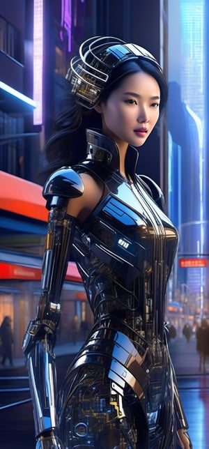 In the nighttime of this futuristic city, envision a beautiful, semi-translucent, luminescent glass figure. She bears visible arm mechanical skeletons, with her torso adorned in sleek, high-tech armor that exudes a sense of futuristic elegance. She moves gracefully through the city step by step. Her black hair flows with an ethereal beauty and an alluring smoothness. This artwork is presented in 2K UHD resolution, showcasing an incredibly detailed surreal visage. Her eyes are a deep brown, giving off a semi-mechanical allure. Her arms are made of glowing semi-translucent glass, adorned with intricate and mysterious patterns that emit an amber hue, seamlessly blending with a cyberpunk style. Her facial features resemble those of a Chinese person. The surrounding environment depicts the city at night, creating an atmosphere filled with mystery and a futuristic ambiance.