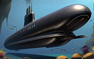 A submarine with an elongated teardrop shape, streamlined hull, and a raised conning tower at the back. Its exterior resembles that of a "Typhoon-class nuclear submarine," featuring a deep black, smooth shell. It glides quietly beneath the water's surface, with fish swimming nearby.,danshitoire,Landskaper,An experienced photographer is capturing images underwater, shooting from the right front. They use an underwater camera, ensuring appropriate exposure, vibrant colors, clear contrast, absolute realism, and a true-to-life representation.