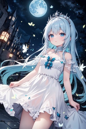1girl, solo, masterpiece, incredibly absurdres, long hair, elegant white dress,  best quality, glowing blue transparent butterfly, black gradient blue hair, aqua eyes, looking at viewer,  center,  standing,  night sky, close view,  castle hall,  outdoors,  blue moon,  glowing effect,  diadem,  castle,  nighttime,  night sky, close view
,firefliesfireflies