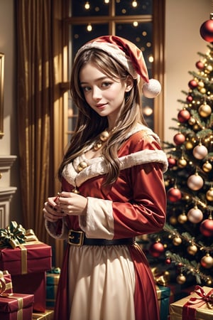 vibrant colors,  female,  masterpiece,  sharp focus,  best quality,  depth of field,  cinematic lighting,  ((solo,  adult woman)),  (illustration,  8k CG,  extremely detailed),  masterpiece,  ultra-detailed,  1 girl,  long hair,  mixed hair,  blond hair,  within the cozy embrace of home,  a girl dons a festive ensemble mirroring Santa's iconic red and white attire,  standing beneath the twinkling lights of the Christmas tree. The detailed illustration captures the enchanting scene as she becomes a living embodiment of holiday cheer,  adorned in the vibrant colors of Santa Claus,  the room is aglow with the warmth of festive decorations. The Christmas tree,  adorned with ornaments and baubles,  serves as a backdrop to the girl's joyful presence,  creating a harmonious festive atmosphere. the illustration paints a heartwarming portrait of a girl immersed in the magic of the season,  where her attire echoes the spirit of Santa Claus,  and the Christmas tree becomes a symbol of shared joy and holiday celebration,,,Christmas