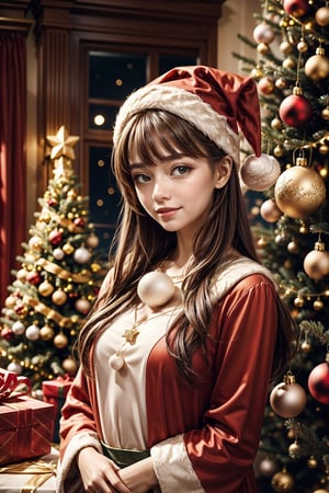 vibrant colors,  female,  masterpiece,  sharp focus,  best quality,  depth of field,  cinematic lighting,  ((solo,  adult woman)),  (illustration,  8k CG,  extremely detailed),  masterpiece,  ultra-detailed,  1 girl,  long hair,  mixed hair,  blond hair,  within the cozy embrace of home,  a girl dons a festive ensemble mirroring Santa's iconic red and white attire,  standing beneath the twinkling lights of the Christmas tree. The detailed illustration captures the enchanting scene as she becomes a living embodiment of holiday cheer,  adorned in the vibrant colors of Santa Claus,  the room is aglow with the warmth of festive decorations. The Christmas tree,  adorned with ornaments and baubles,  serves as a backdrop to the girl's joyful presence,  creating a harmonious festive atmosphere. the illustration paints a heartwarming portrait of a girl immersed in the magic of the season,  where her attire echoes the spirit of Santa Claus,  and the Christmas tree becomes a symbol of shared joy and holiday celebration,,,Christmas