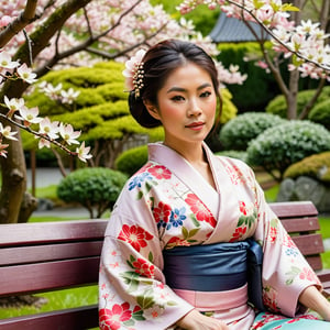 Beautiful Asian woman wearing a kimono, sitting in a bench in a garden filled with flowering dogwood trees, close up view