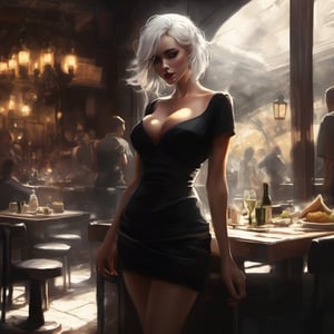 1 girl, white haired, standing, poorly fit little black dress, skindentation, size DD breasts, huge breasts, narrow waist, wide hips, backlit, (dark and smoky:1.5), restaurant, deep shadows, moody lighting