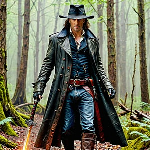 1 man, "Van Helsing", vampire Hunter, magical weapons, leather trenchcoat, magical portal, forest 