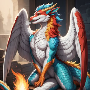 Feathered dragon, fire breathing, multicolored dragon, feathers instead of scales, feathered wings, feathered tail