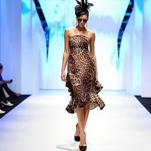 fashion runway, Close up, Tall elite supermodel woman, high fashion dress, ruffles, animal-print, feathers, high heels, exquisite jewelry, fascinator hat, sunglasses, fashion show