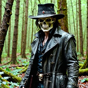 1 man, "Van Helsing", vampire Hunter, magical skull, leather trenchcoat, magical portal, forest, close up view