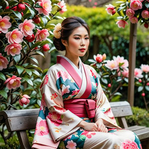 Beautiful Asian woman wearing a kimono, sitting in a bench in a garden filled with camellias, close up view