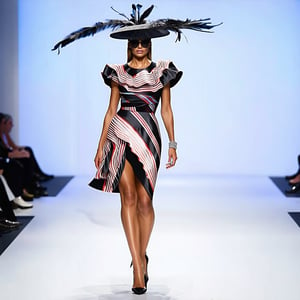 fashion runway, Close up, Tall elite supermodel woman, high fashion dress, large ruffles, bold stripes print, feathers, high heels, exquisite jewelry, fascinator hat, sunglasses, fashion show