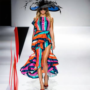 fashion runway, Close up, Tall elite supermodel woman, high fashion dress, large ruffles, bold stripes print, feathers, high heels, exquisite jewelry, fascinator hat, sunglasses, fashion show