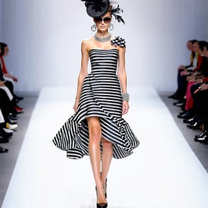 fashion runway, Close up, Tall elite supermodel woman, high fashion dress, large ruffles, bold stripes print, feathers, high heels, exquisite jewelry, fascinator hat, sunglasses, fashion show