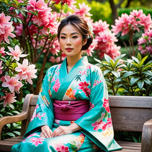 Beautiful Asian woman wearing a kimono, sitting in a bench in a garden filled with azaleas, close up view