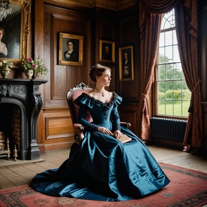 Victorian woman in a gown, sitting on a high backed Victorian chair, in a high ceilinged Victorian house