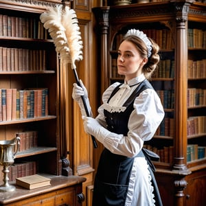 Close up, Victorian maid in a maid's uniform, feather duster, dusting a Victorian bookcase, near a high backed Victorian chair, in a high ceilinged Victorian house