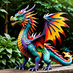 Feathered dragon, fire breathing, multicolored dragon, feathers instead of scales, feathered wings, feathered tail