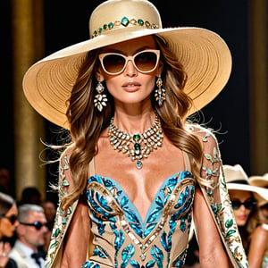 fashion runway, Close up, Tall elite supermodel woman, high fashion dress, Zuhair Murad styles, high heels, exquisite jewelry, wide brimmed hat, sunglasses, fashion show