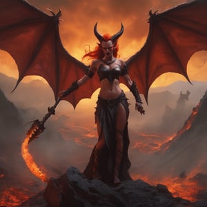 A fiery demon succubus stands defiantly on a windswept hillside, her horned head held high as she brandishes a wicked devil's pitchfork. Her bat-like wings spread wide, casting long shadows across the barren terrain. A long, serpentine tail coils behind her, its tip crackling with dark energy. Cloven hooves grip the earth as the succubus surveys the apocalyptic scene before her - a volcano erupts in the distance, spewing forth a torrent of molten lava and fiery ash.