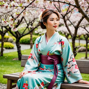 Beautiful Asian woman wearing a kimono, sitting in a bench in a garden filled with flowering cherry trees, close up view