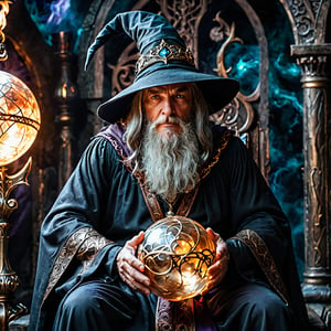 Dark wizard, wizard robes, wizard hat, sitting on a throne, looking deep into a large magical orb in his lap, close-up view 