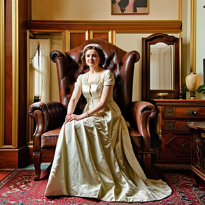 Victorian woman in a gown, sitting on a high backed Victorian chair, in a high ceilinged Victorian house