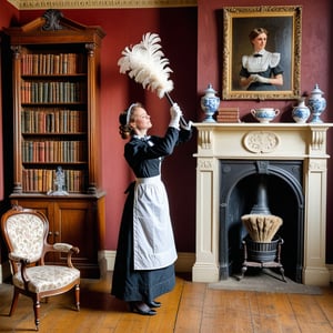 Victorian maid in a maid's uniform, feather duster, dusting a Victorian bookcase, near a high backed Victorian chair, in a high ceilinged Victorian house
