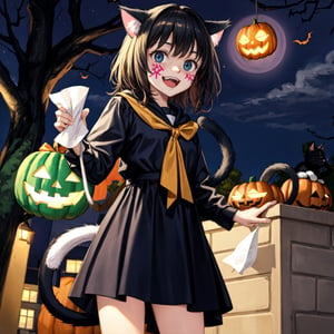 Kids going out doing pranks and having fun, ((cat girl)), cute Halloween costume, ((midnight)), neighborhood, toilet paper hanging from the trees, pranks, trick or treat, cowboy_shot view