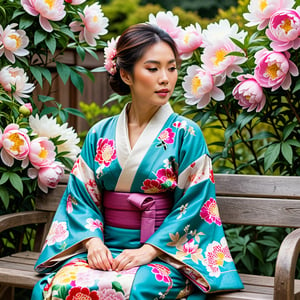 Beautiful Asian woman wearing a kimono, sitting in a bench in a garden filled with peonies, close up view