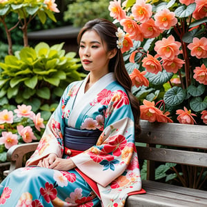 Beautiful Asian woman wearing a kimono, sitting in a bench in a garden filled with begonias, close up view