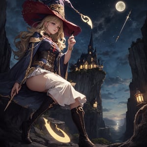 Beautiful blonde girl, Witch, casting a spell, levitation, levitating, glowing sigils floating around her, witch hat, wand, above a cliff, night sky behind her, view from below, looking up