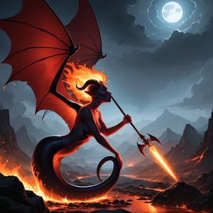 A fiery demon succubus stands defiantly on a windswept hillside, her horned head held high as she brandishes a wicked devil's pitchfork. Her bat-like wings spread wide, casting long shadows across the barren terrain. A long, serpentine tail coils behind her, its tip crackling with dark energy. Cloven hooves grip the earth as the succubus surveys the apocalyptic scene before her - a volcano erupts in the distance, spewing forth a torrent of molten lava and fiery ash.
