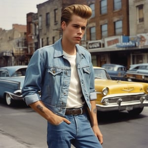 Young man, 1960s "greaser" style, greased-back hairstyle, cotton twill trousers with rolled cuffs, "Chuck Taylor all-star" shoes, white T-shirt, denim jacket, holding a comb, background is a street corner